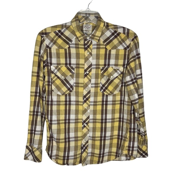 Lucky Brand Shirt Men Medium Brown Yellow Plaid Flannel Button Up Country Rustic - Picture 1 of 7